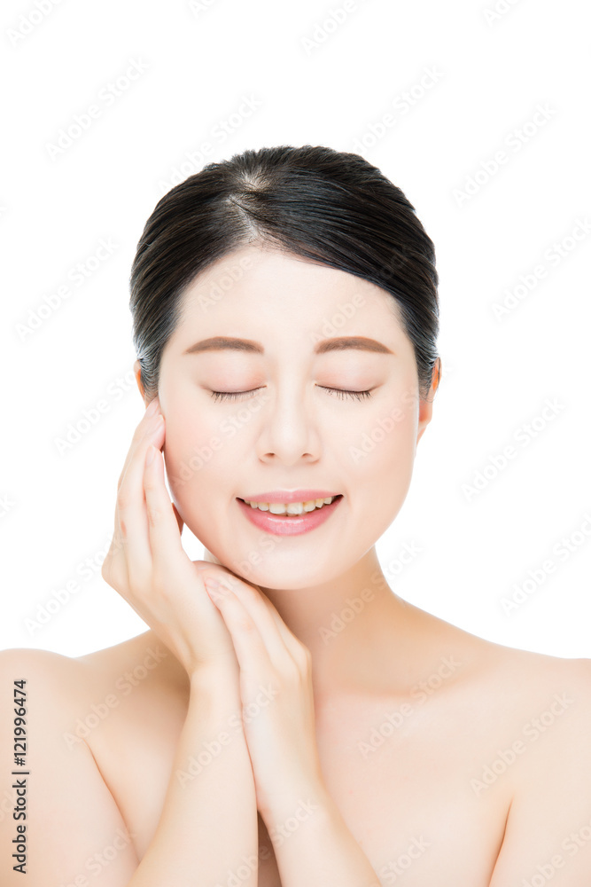 Beautiful asian woman touch her beauty face, white background Beautiful asian woman touch her beauty face, white background