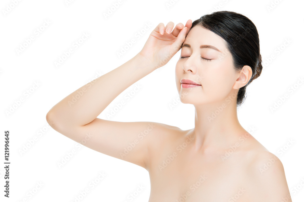 Beautiful asian woman face with sunshine hand gesture, white bac Beautiful asian woman face with sunshine hand gesture, white bac