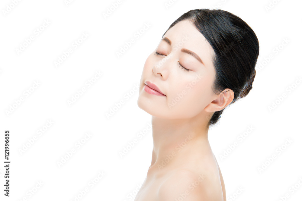 Face of beautiful young woman close eyes enjoy white background Face of beautiful young woman close eyes enjoy white background