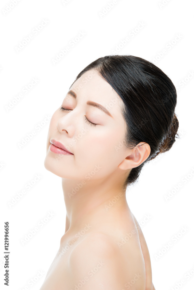 Face of beautiful young woman close eyes enjoy white background Face of beautiful young woman close eyes enjoy white background