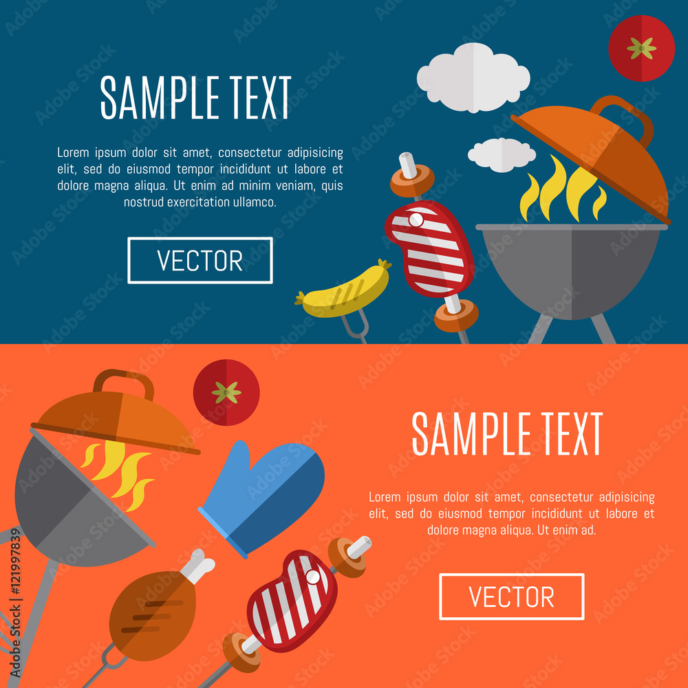 BBQ website templates, vector illustrations. Barbecue banners with grill and food design elements on color background. BBQ party horizontal banner, flyer, poster with space for text. Online grill menu