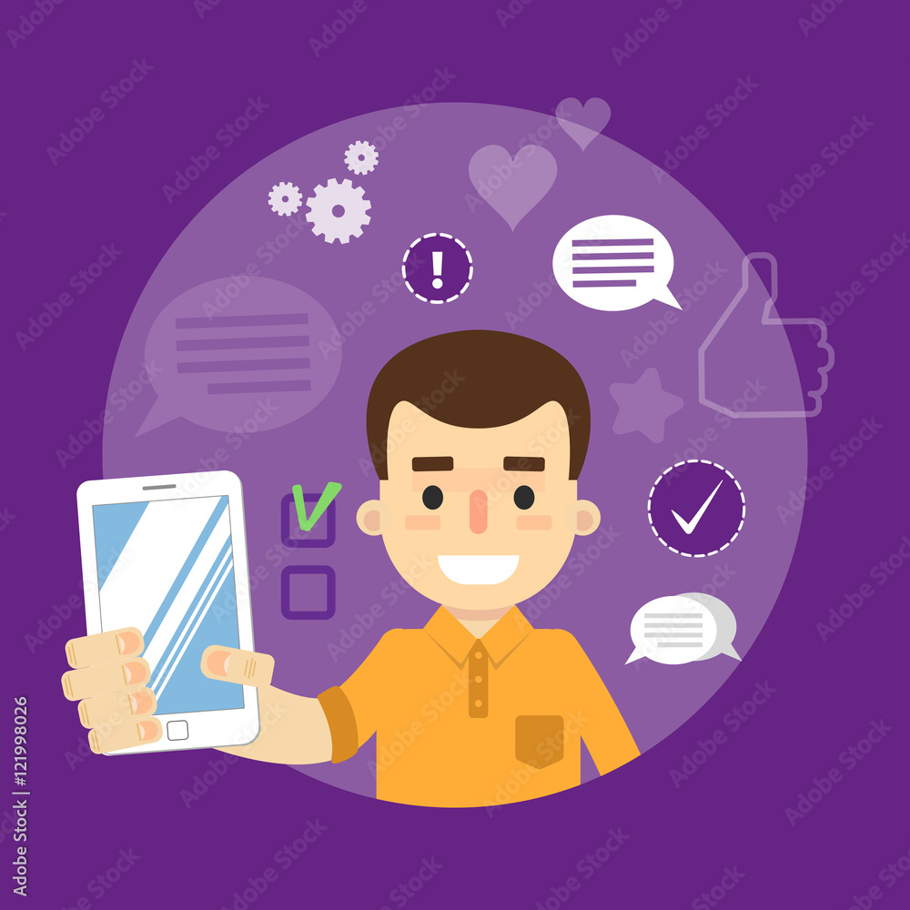 Smiling cartoon boy holding smartphone on perpl background with communication icons, vector illustration. Social media concept. Connecting people, chatting, international network, media app Smiling cartoon boy holding smartphone on perpl background with communication icons, vector illustration. Social media concept. Connecting people, chatting, international network, media app