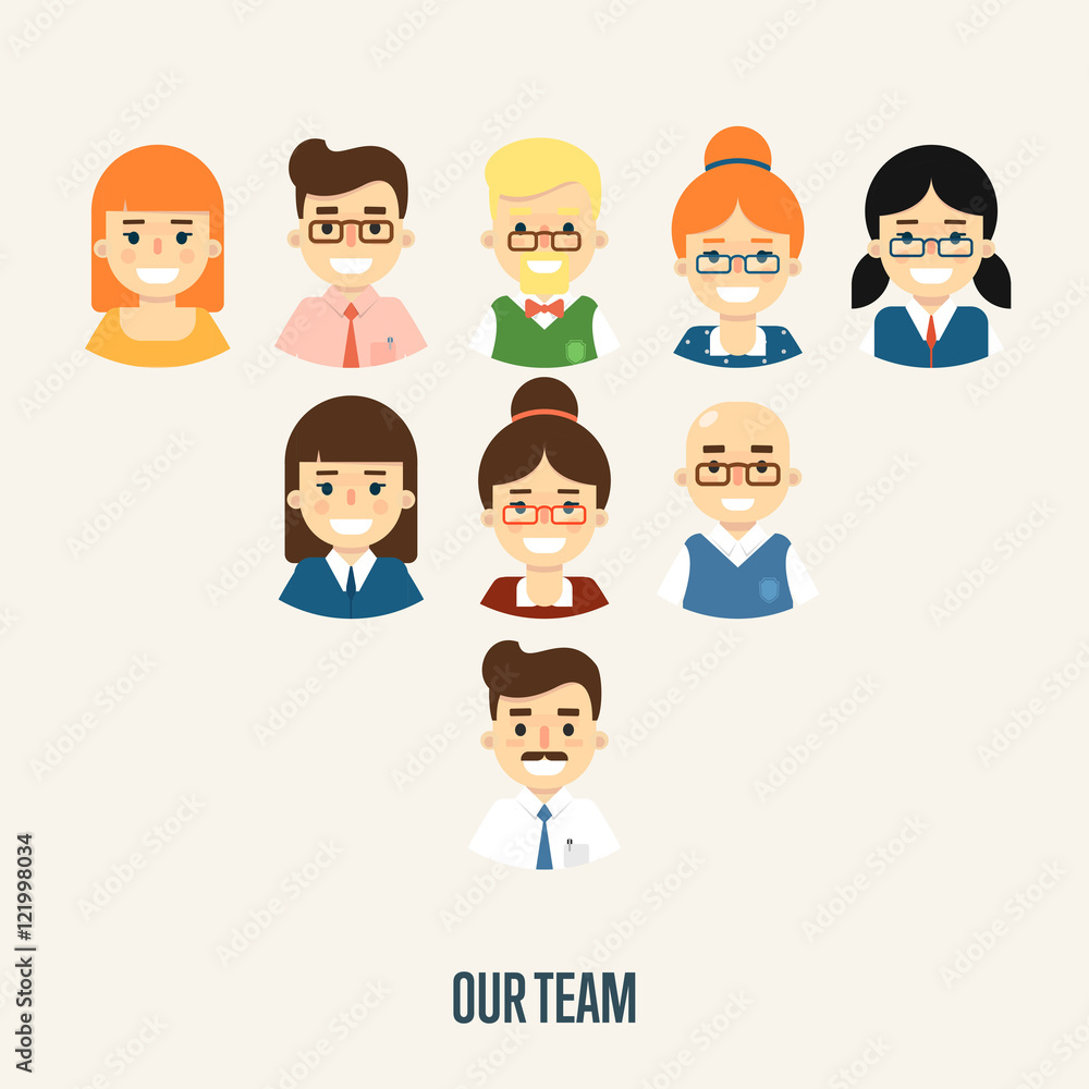 Group of smiling male and female faces avatars on white background. Our team banner, vector illustration. Teamwork and business team concept. Project coordination. Corporate hierarchy. Group of smiling male and female faces avatars on white background. Our team banner, vector illustration. Teamwork and business team concept. Project coordination. Corporate hierarchy.