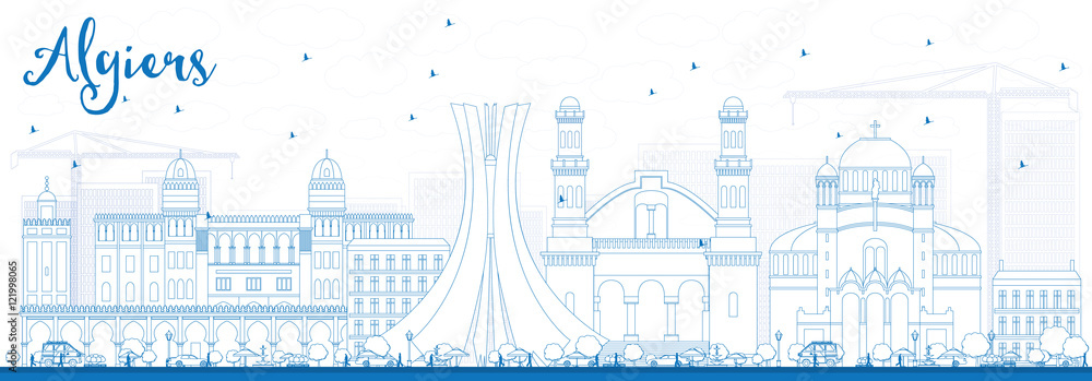 Outline Algiers Skyline with Blue Buildings.
