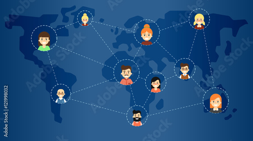 Social media network banner with connected round people icons on blue background with world map, vector illustration. Connecting people. Teamwork concept. Project coordination. Business team
