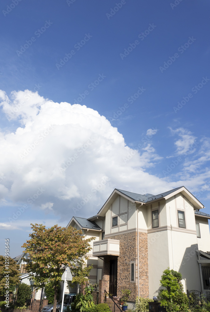 住宅　分譲住宅街　イメージ　快晴　青空　コピースペース　見上げる