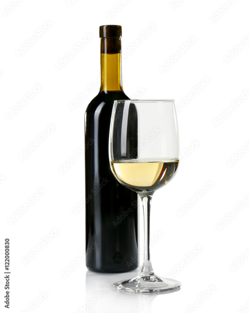 Glass of white wine with bottle on white background