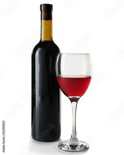 Glass of red wine with bottle on white background