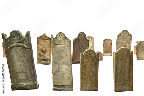 group of cemetery graves isolated on white background with copyspace