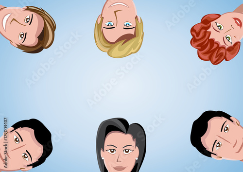 A group of people in a circle on sky background. Vector illustra