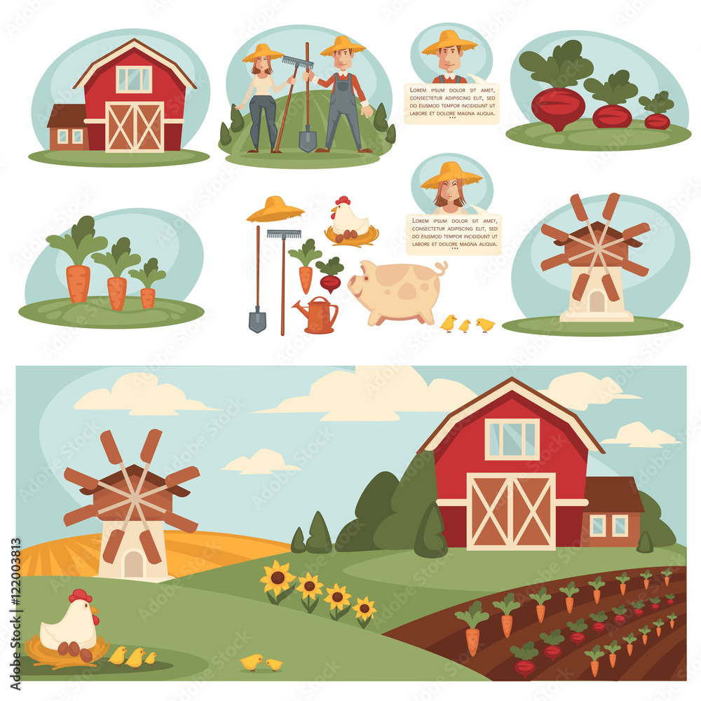 Village landscape with farm building. Village landscape with farm building.
