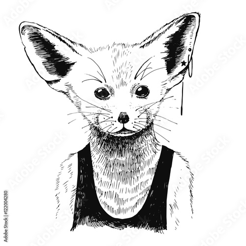Hand drawn dressed up fennec in hipster style photo