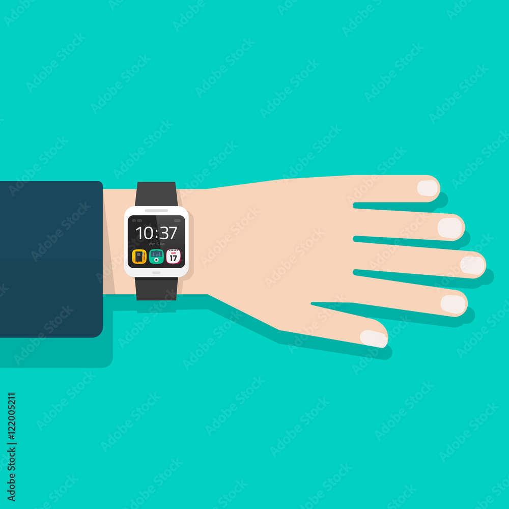 Man hand with smart watch vector illustration isolated, black digital clock  on business man wrist, flat cartoon modern smart wristwatch on male hand  Stock Vector | Adobe Stock