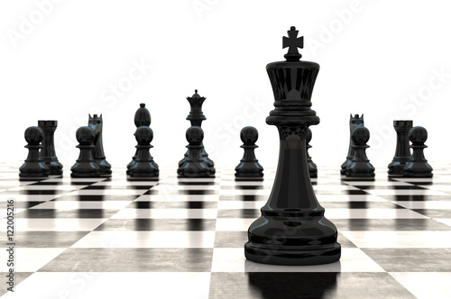 3d rendering chessmen on glossy chessboard