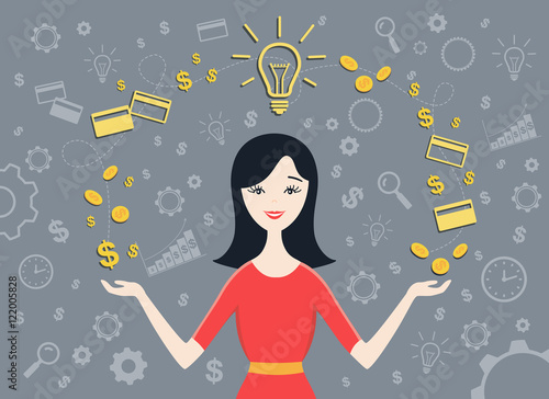 Flat design vector illustration of  young business woman shows converting of idea into money. Business idea concept