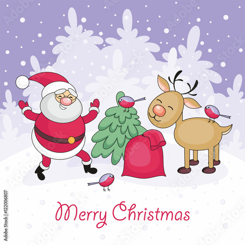 Merry Christmas greeting card with Santa Claus s image  a deer and a bag with Christmas gifts