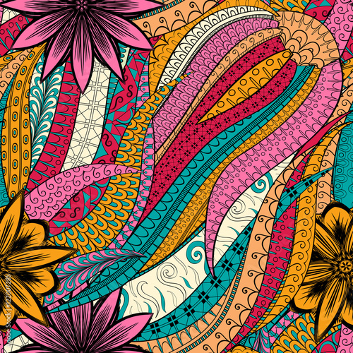Tracery seamless calming pattern. Mehndi design. Ethnic colorful doodle texture. Curved doodling background. Vector.