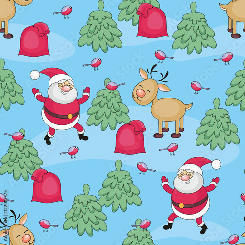 Christmas seamless pattern with Santa Claus's image, a deer and a bag with Christmas gifts