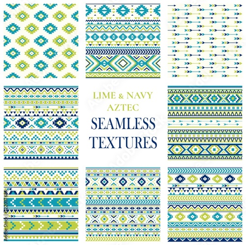 Set of Seamless geometric Ethnic pattern textures. Lime & Navy colors. Navajo geometric print. Rustic decorative ornament. Abstract Native American ornament for the design of textiles