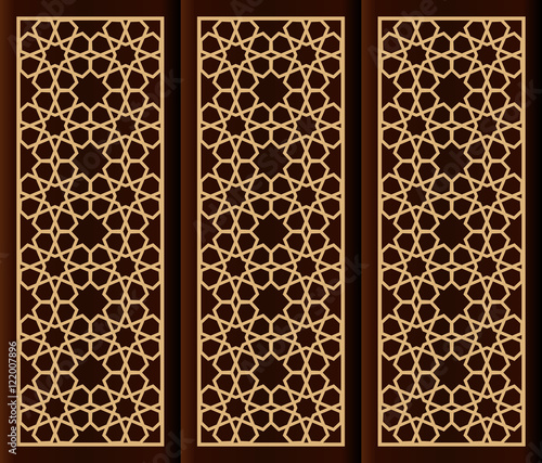 Dark Brown Wood And Gold Geometric Arabesque Pattern Decorative