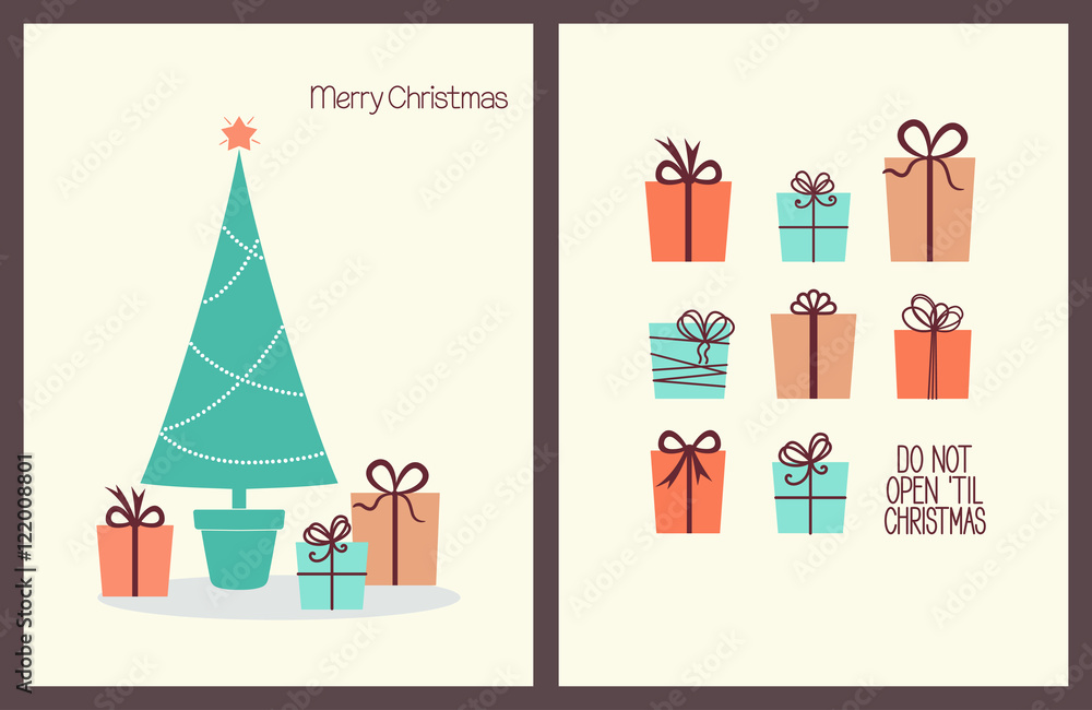Winter holidays greeting cards with Christmas tree and gift boxes