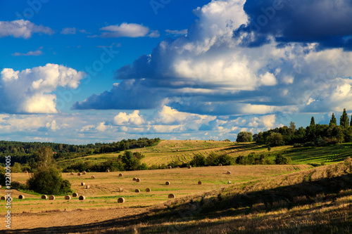 Beautiful landscape with snopkami straw on the field. photo