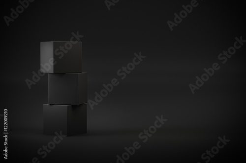 black box stack on black background 3d rendering