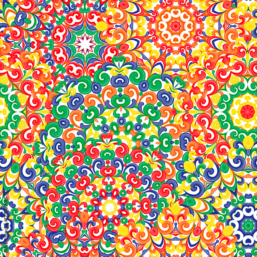 Seamless colorful ethnic pattern with mandalas in oriental style. Round doilies with red, green, yellow, orange, curls and swirls weaving in arabesque traditional lace ornament. Vector illustration.