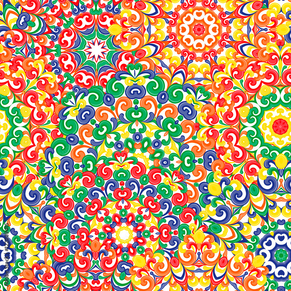 Fototapeta premium Seamless colorful ethnic pattern with mandalas in oriental style. Round doilies with red, green, yellow, orange, curls and swirls weaving in arabesque traditional lace ornament. Vector illustration.