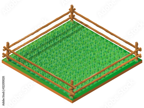 Fenced meadow. Pasture for farm animals. 3D isometric view. Vector illustration.