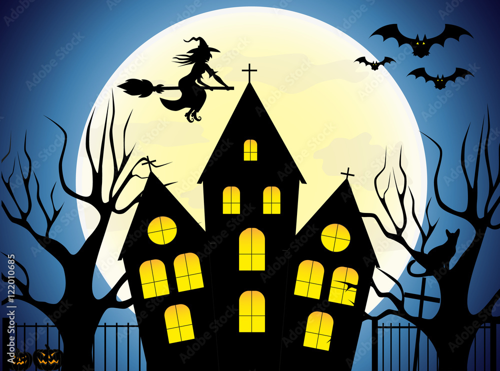 Happy Halloween house scary on blue background