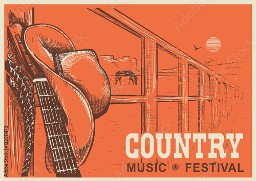 Western country music poster with cowboy hat and music guitar