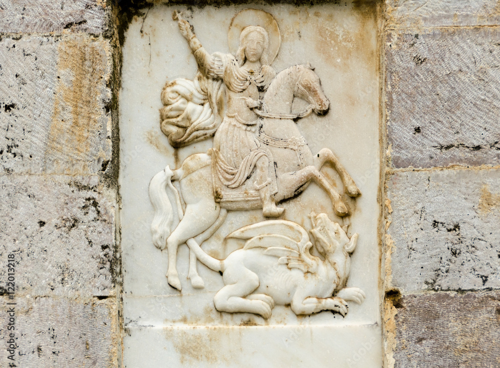 St. George the Victorious on marble sclulpture, Stemnitsa village Greece