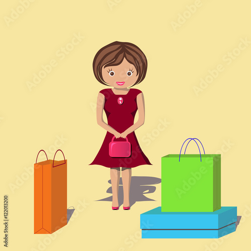 Happy Woman after a lot of shopping. Bags and box full of new clothes and accessories