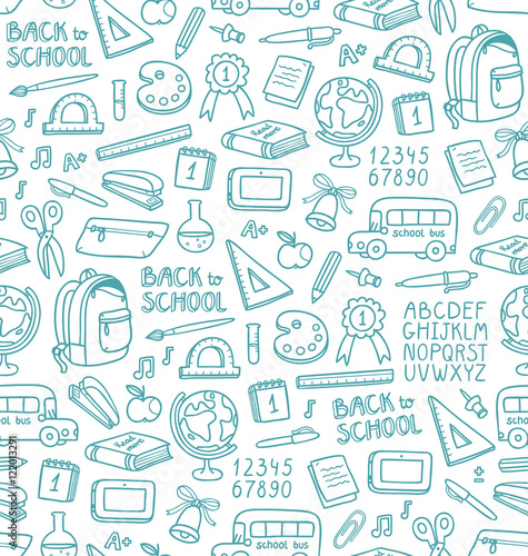 Seamless pattern with set of different school things