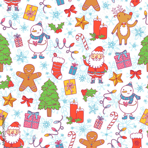 Christmas pattern on white with snowflakes background