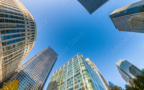 Upward view of City of London corporate buildings, UK