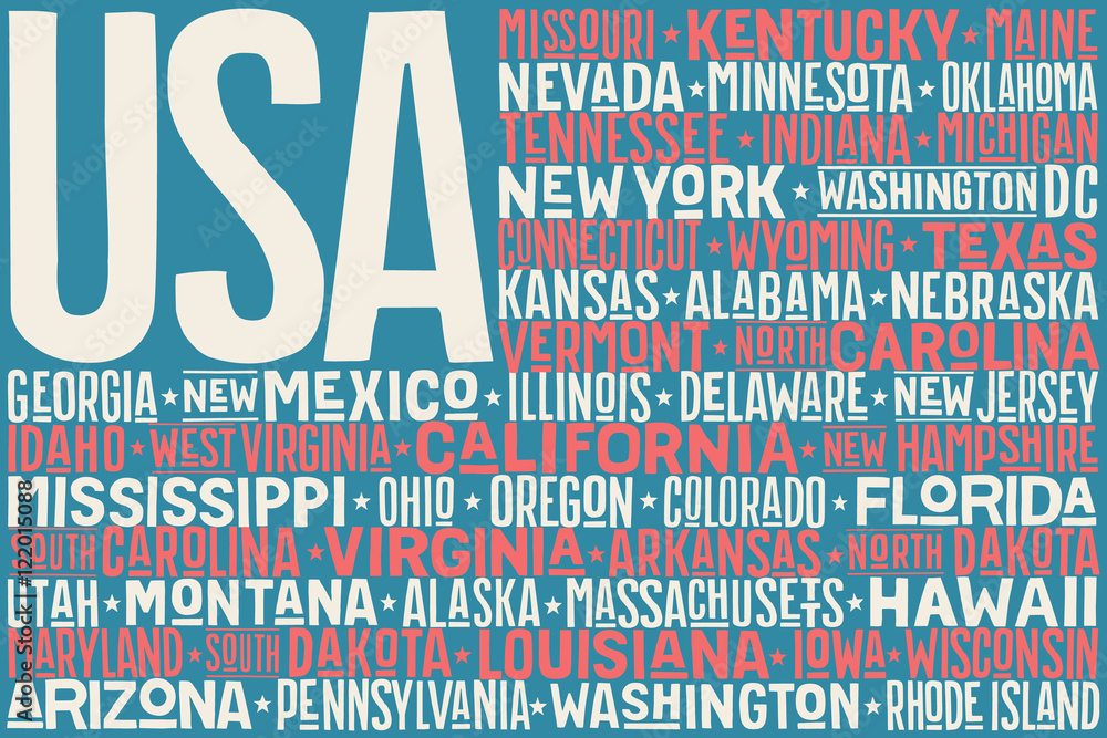 Φωτογραφία Poster of United States of America flag with states and capital cities