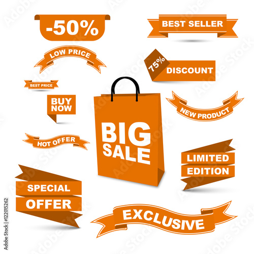 vector set orange ribbons - big sale/ hot offer/ special offer/low price/ buy now/ best price/ best seller/ discount/ new product/ liited edition/ exclusive
