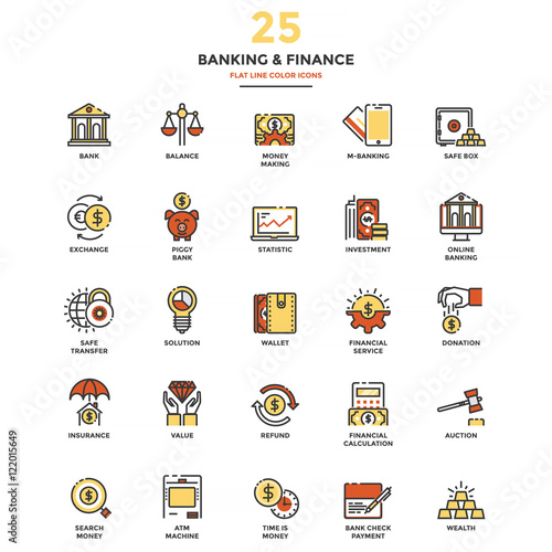 Fototapeta Naklejka Na Ścianę i Meble -  Modern Flat Line Color Icons- Banking and Finance
