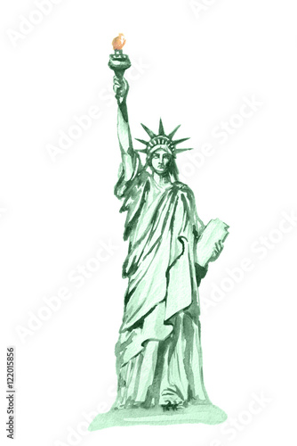 Isolated watercolor statue of liberty on white background. Symbol of New York  USA. Beautiful landmark.