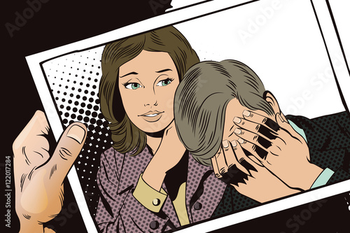 People in retro style. Woman soothes upset man