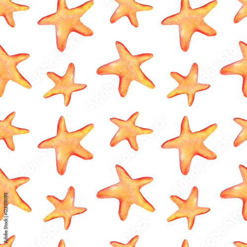 Seamless watercolor pattern with marine starfishes. Can be used for fabric, wallpaper, background