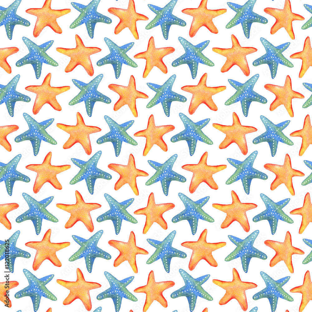 Seamless watercolor pattern with marine starfishes. Can be used for fabric, wallpaper, background Seamless watercolor pattern with marine starfishes. Can be used for fabric, wallpaper, background