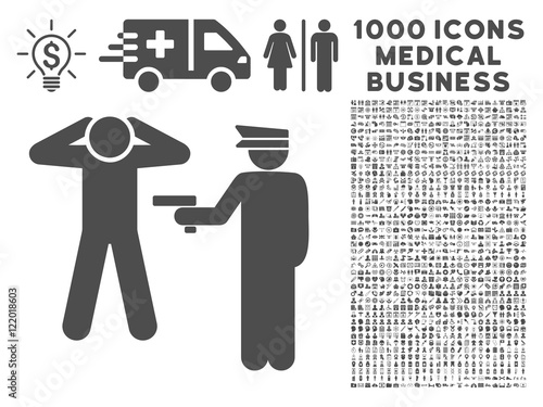 Gray Arrest icon with 1000 medical business vector pictograms. Collection style is flat symbols, gray color, white background.