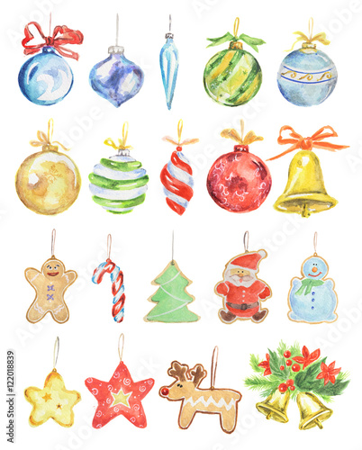 Watercolor christmas toys set. Bright and colorful toys for christmas tree. Wonderful retro toys.