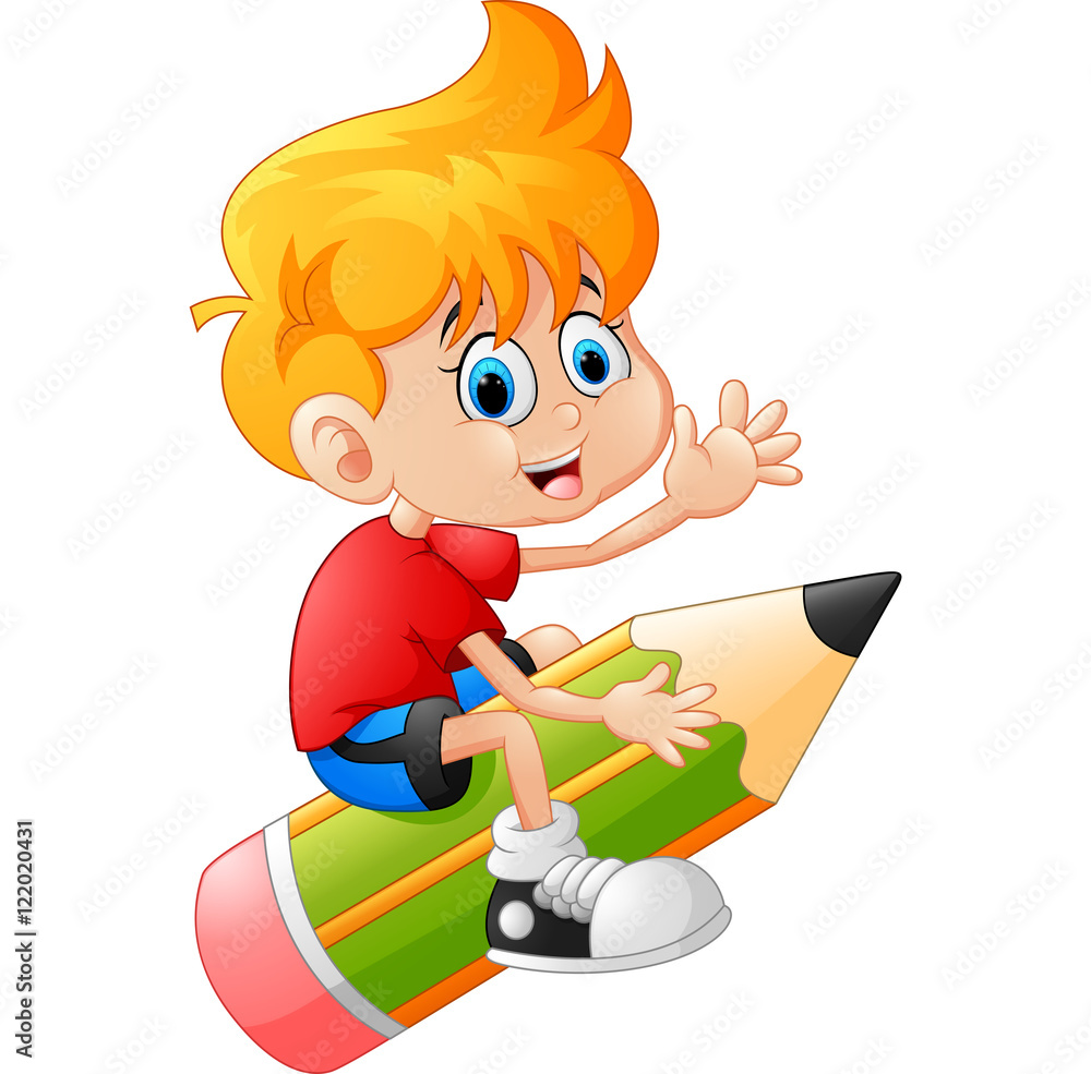 The boy riding a big pencil