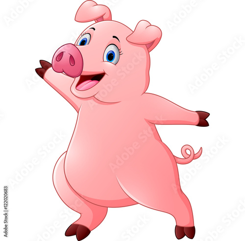 Cartoon happy pig waving