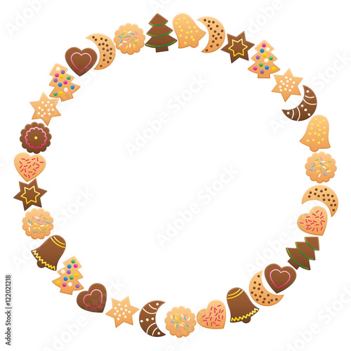 Christmas cookies and gingerbread frame circle. Isolated vector illustration on white background.