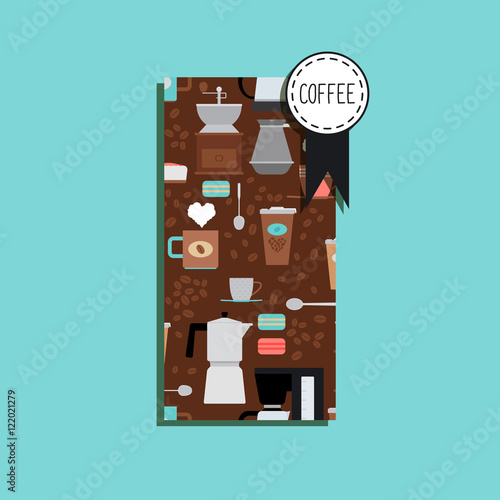 Vertical flyer with coffee pattern and vector label